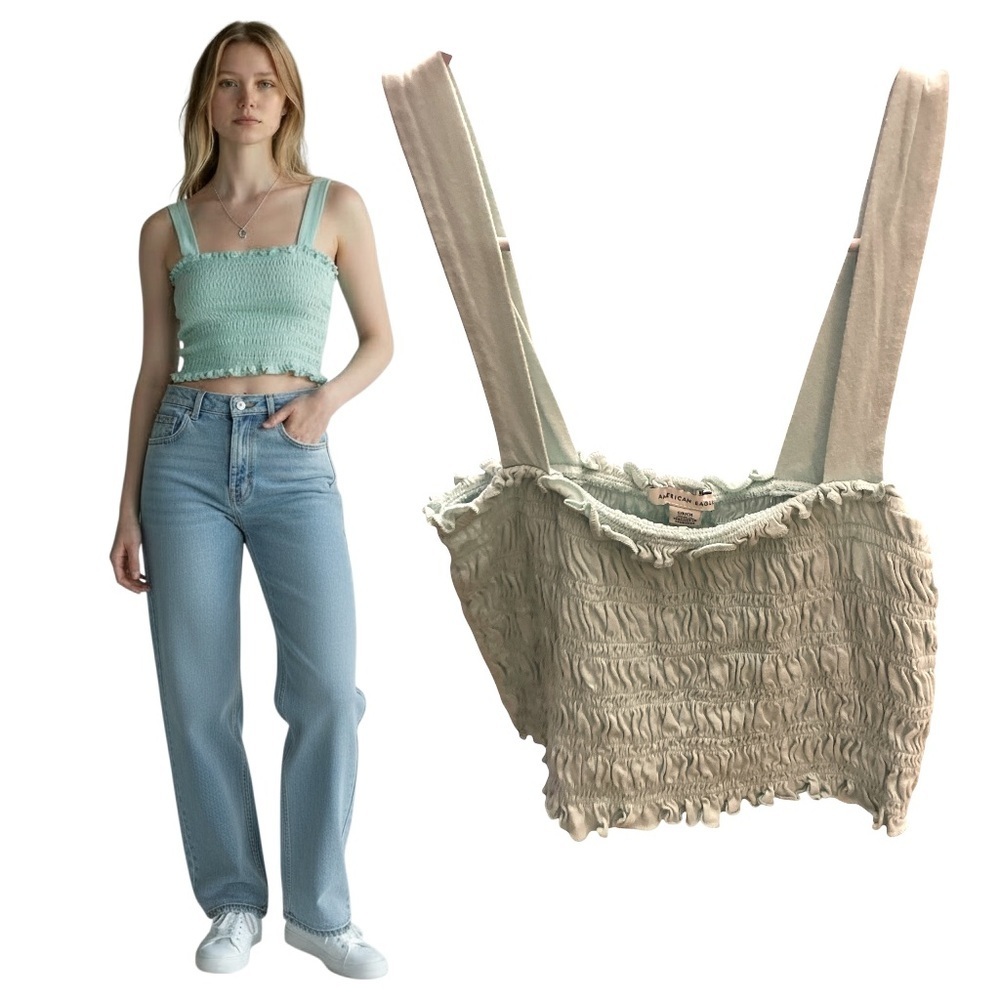 American Eagle Mint Green Smocked Ruffle Square Neck Crop Tank Top - Small